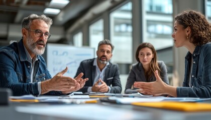 Business professionals engaged in a collaborative meeting at modern office with diverse team discussing ideas.
