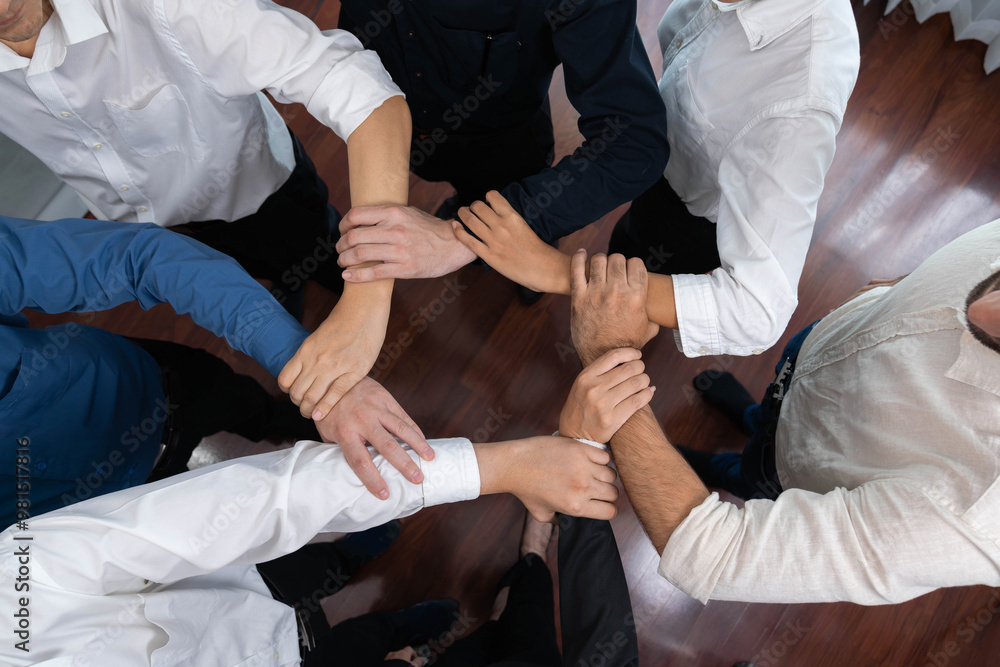 Poster business team joining hand in circular together symbolize successful group of business partnership a