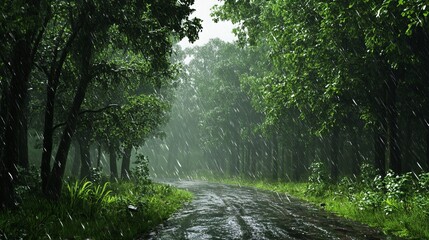 Fototapeta premium Protect nature by embracing the lush greenery of the forest during the rainy season. Conserve the environment by safeguarding trees from deforestation and climate change