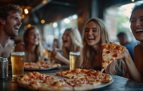 Group of friends laughing and enjoying pizza in a cozy restaurant with drinks and smiles