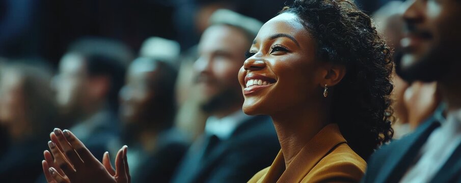 A group of happy business people clapping and smiling during a successful corporate event