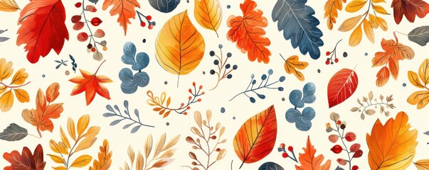 Fototapeta premium Seamless pattern of colorful autumn leaves and branches, perfect for seasonal designs and backgrounds.