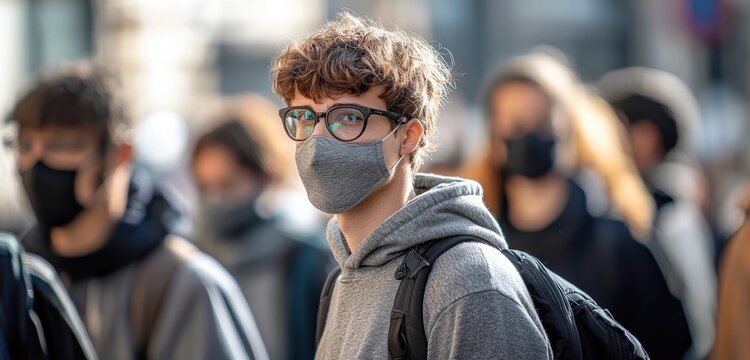 A group of people wearing protective masks confidently walking in a city, focusing on safety and health in public spaces