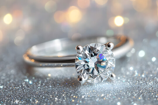 ring with large Moissanite stone on silver background with sparkles and bokeh