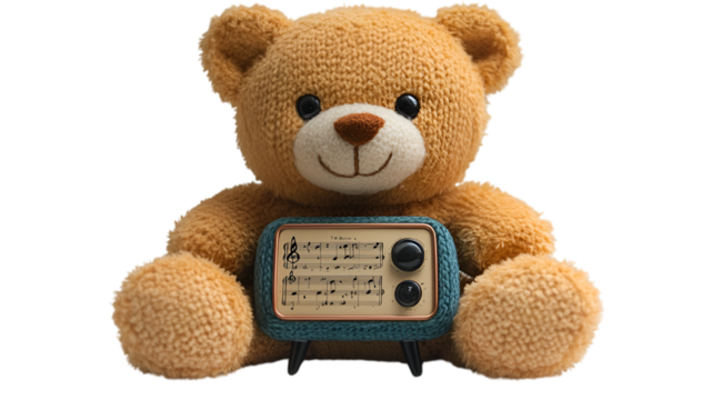 a teddy bear holding a radio. 