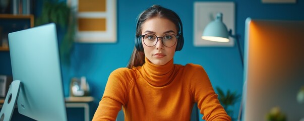 Focused female customer service agent in orange sweater working at computer with headphones in modern office setting