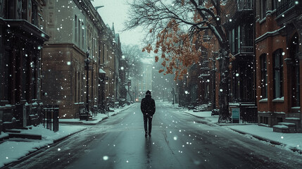 Person walking alone on a snowy street, winter solitude