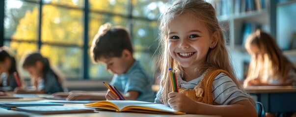 Happy little girl sitting at her desk in a classroom environment, smiling and writing in a notebook with colorful pencils.