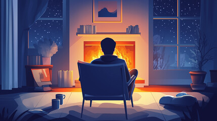 Fototapeta premium Man sitting by the fireplace on a winter night, reflective solitude