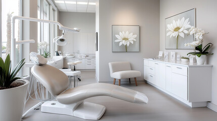 A tranquil dental office with light blue and soft green hues dominating the design, featuring a modern dental chair where a smiling patient sits relaxed, the soft white lighting en