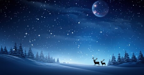 Naklejka premium Santa Claus, expansive winter sky, gracefully guiding his sleigh pulled by six reindeer