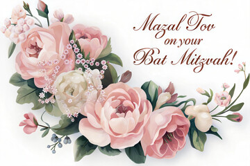 Floral "Mazal Tov on Your Bat Mitzvah" Greeting with Pink Roses, soft and delicate design