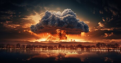 Fototapeta premium City skyline at night, abruptly dominated by a mushroom cloud's glow casting heart wrenching shadows