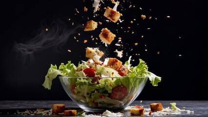 Promotional photo of Caesar salad with lettuce leaves, croutons and dressing that fall out of a transparent bowl on a dark background.