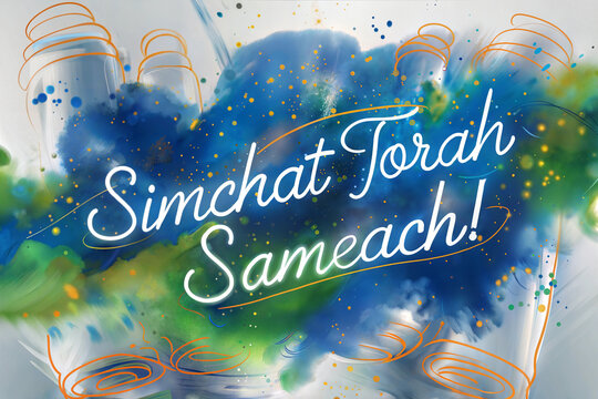 Abstract Torah Scrolls and "Simchat Torah Sameach" Text with Colorful Splashes, joyful greeting