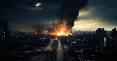 City's silhouette, post-fallout; a haunting testament to nuclear devastation.