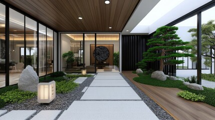 Obraz premium A modern courtyard features large stones, lush greenery, a striking oversized tree, and soft lantern lighting, evoking a peaceful ambiance and connection to nature