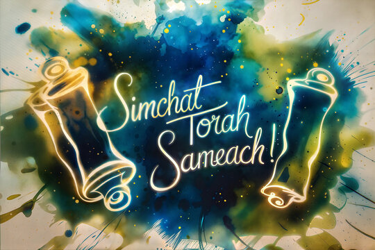 Watercolor Torah Scroll with "Simchat Torah Sameach" Greeting, festive holiday design