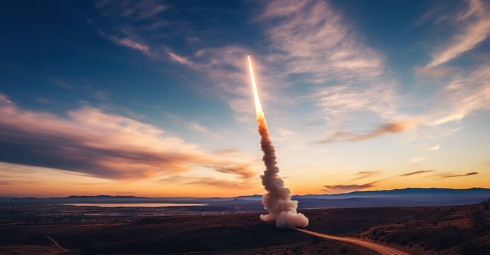 A missile's trail streaks across the vast sky, signaling both technical prowess and imminent drama