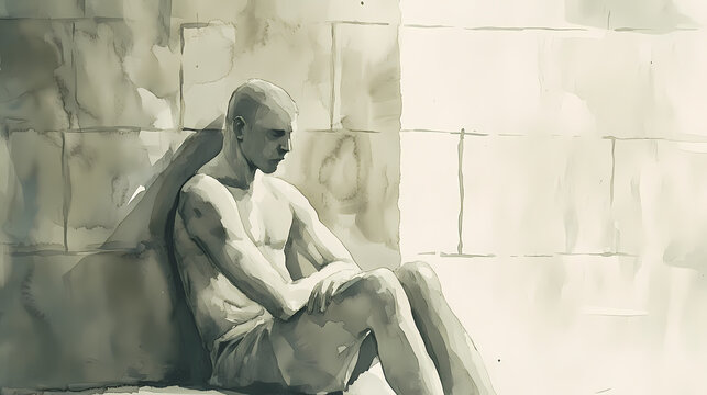 Watercolor of a prisoner sitting quietly in a corner, the muted tones reflecting contemplation and inner struggle. Muted Tones. Illustration