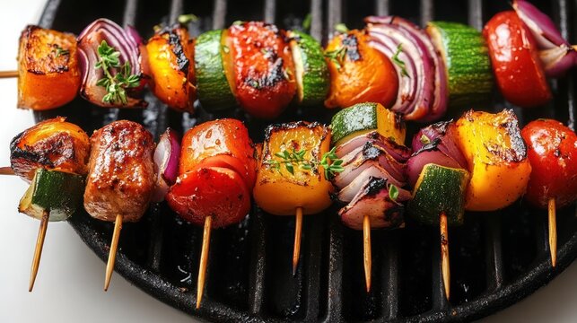 Grilled vegetable skewer, grilled meat with vegetable on a grill.