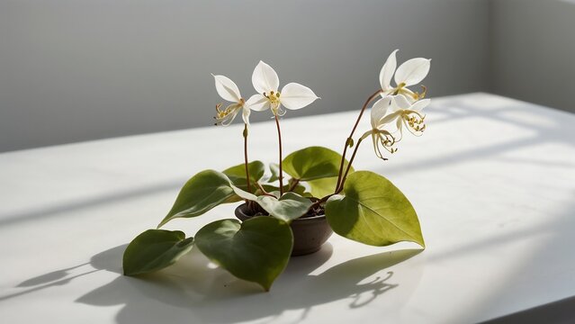 Elegant epimedium blooms in a pot with lush green leaves on a bright table
