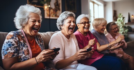 Fototapeta premium several elderly ladies engrossed in a multiplayer video game session