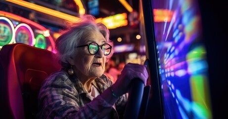 older lady focused on her racing game at an arcade, hands gripping the wheel tightly
