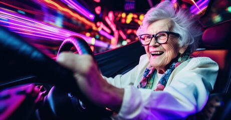 older lady focused on her racing game at an arcade, hands gripping the wheel tightly