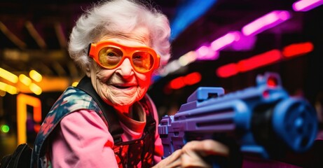 Fototapeta premium A Stock Photo of, an elderly lady geared up for a thrilling game of laser tag