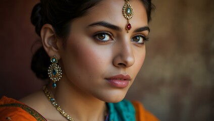 Portrait of a young woman in a colorful traditional Indian sari.