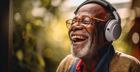 a joyous elderly man, headphones on, lost in the rhythm of his favorite tunes as he dances with abandon