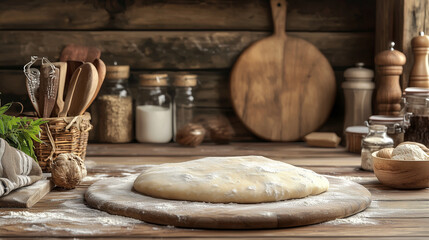 Rustic Kitchen with Fresh Dough on Wooden Counter