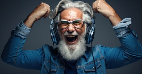 a joyous elderly man, headphones on, lost in the rhythm of his favorite tunes as he dances with abandon