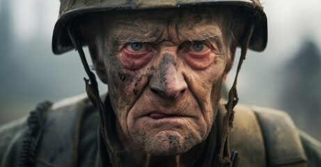 capture of an elderly soldier, standing resiliently at the frontlines