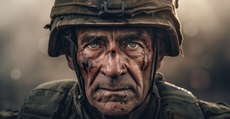 Obraz premium capture of an elderly soldier, standing resiliently at the frontlines