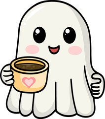 A cute ghost with coffee cup in cartoon style for halloween