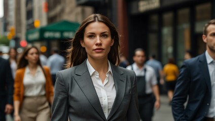 Professional woman in her 30s, dressed in a sharp suit, in a bustling NYC street.