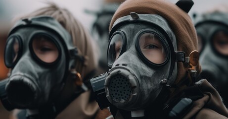 Children donned in gas masks navigate a poisoned land, their eyes telling tales of both sorrow