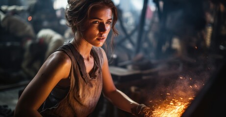 Female blacksmith forging metal, sparks flying.