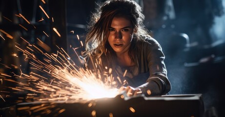 Female blacksmith forging metal, sparks flying.