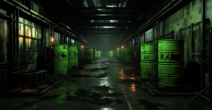 radioactive barrels, their rusty exteriors and ominous green leaks painting a scene of danger.
