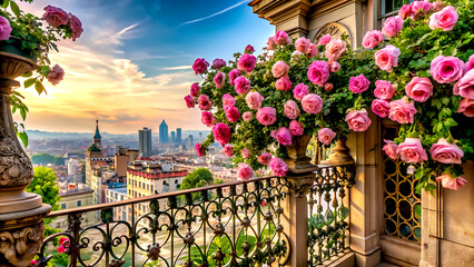 Elegant Balcony, Grand Staircase, Romantic Bedroom, and Pink Living Room with Roses and City Views