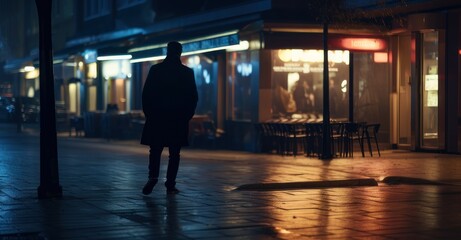 Fototapeta premium Figure waits on street under city lights.
