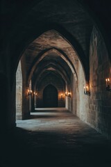 Fototapeta premium gothic stone archway with dim lighting in old cathedral
