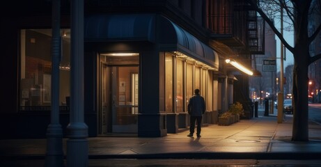 Fototapeta premium Figure waits on street under city lights.