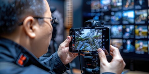 Capturing mobile content at a technology showcase with a person using a smartphone