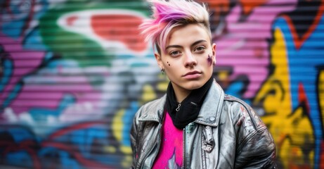 Genderqueer model against graffiti wall.