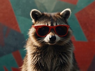 Raccoon in red sunglasses against an abstract background.