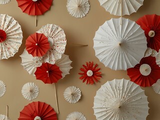 Red and white flowers, paper umbrellas, and branches on a beige background
